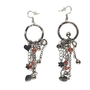 Silver Chain Earrings Heart Flower Charms Orange Beads Boho